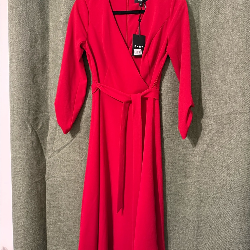 DKNY V-Neck Long Sleeve Wrap Dress in Bright Red